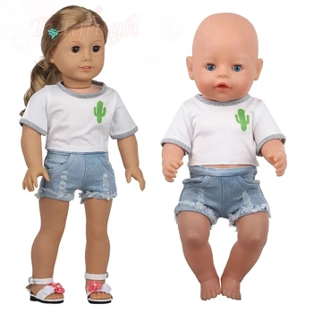 2021 Naujas Kaktusas T-shirt + Džinsinio Šortai Kostiumas Lėlės ClothesWear Tinka 43cm Baby Naujas Born lėlės,18 Colių Lėlės Drabužių Priedai