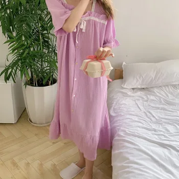 2021 m. Vasarą Naujų korėjos Namuose Dėvėti Grynos Medvilnės Nėriniai Nightdress Apdailos Lankas Suknelė Moterų Pižamą Lady naktiniai drabužiai Sleepwear