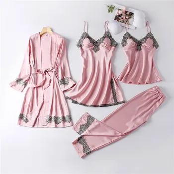 Rožinė Nėriniai 4PCS Sleepwear Moterų Nauja Pižama Nustatyti Dirbtiniais Šilko Kimono Suknelė Moterų Apdaras Kostiumas Atsitiktinis Pijamas Kostiumas Atsitiktinis Loungewear