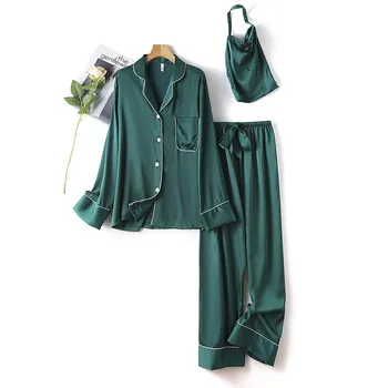 Moterų 2VNT Pižama Kostiumas Green Satino Pižamos naktiniai drabužiai 2021 Naujas Intymus apatinis Trikotažas Šilkiniai Miego Nustatyti Kietojo Homewear Sleepwear