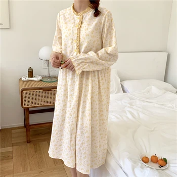 pavasario spausdinimo, 100% medvilnės pižamą ilgomis rankovėmis sleepwear moterų namų drabužius suknelė raukiniai prarasti tiesiai sleeodress pižama