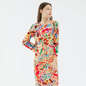 Moterų Pavasario 2022 Naujas Spausdinti Moterų Suknelė ilgomis Rankovėmis Plisuotos Suknelė Slim-line Suknelė