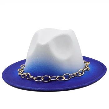 Mėlyna/balta Platus Kraštų Paprasta Bažnyčia Derby Top Hat Panama Kietas Jaučiausi Fedoras Skrybėlę Vyrams, Moterims, Dirbtinės Vilnos Mišinys Džiazo Bžūp