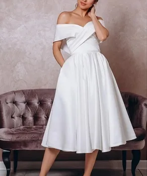 A-Line Wedding Dresses Off Peties Arbata Ilgis Satino Rankovių Derliaus Šiek tiek Balta Nuotakos Suknelė 1950 su Klostes 2021