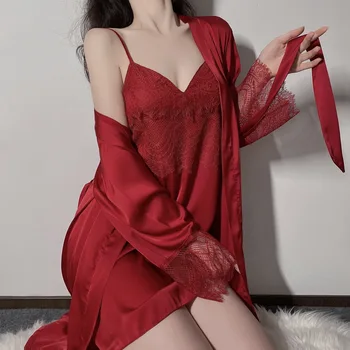 Sexy Moteris Viskozė Chalatas Kimono Šilko Skraiste Rinkiniai Nėrinių Apdaila Sleepwear Atsitiktinis Namų Drabužius, Naktiniai Drabužiai Pižama Naktį Suknelė Pižamą