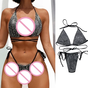 Moterų 2vnt Seksualus Bikini Komplektas vientisos Spalvos Šoniniai String maudymosi kostiumėlį, Blizgučiai Trikampis Bra Top su Diržu Kelnės, Maudymosi Kostiumą Paplūdimio