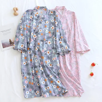 Ponios Vasaros /rudens Spausdinti Pižamą Plius Dydis Kimono Skraiste Gėlių Sleepwear Plonas Trijų Ketvirčiu, Vonia, Chalatas, Namų Miego Viršūnes 2021