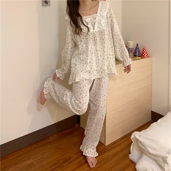 nėriniai siuvinėjimo balto print gėlių pižama nustatyti rudenį ištaigingas dėvėti moterims prarasti viršuje kelnės 2 dalių komplektas sleepwear namų drabužiai