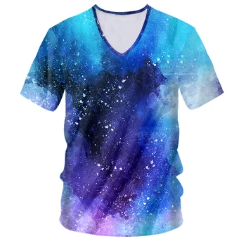UJWI Vyrų Undershirt Cool Spausdinti Star 3d Marškinėlius Mėlyna spalvinga žvaigždėtas dangus T-Shirt Homme Hip-Hop trumpomis Rankovėmis V-Kaklo Marškinėlius Harajuku