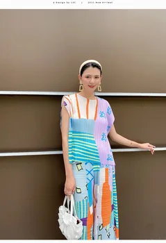 KARŠTO PARDAVIMO Miyake naujas Stilius o-kaklo trumpomis rankovėmis T-shirt kartus padalinta kelnes spausdinimo geometrija-dviejų dalių kostiumėlį SANDĖLYJE
