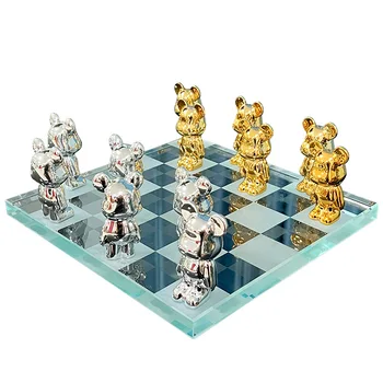 Derva Mažas Smurtinius Lokys Ornamentu Kristalų Šachmatų Lenta Plokštė Namų Darbalaukio Rankdarbiai