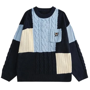Megztinis Vyrams Žiemos Naujas Japonų Lokys Siuvinėjimo Kišenėje Megztiniai (Puloveriai 2023 Moteris Derliaus Hip-Hop Streetwear Negabaritinių Megztinis