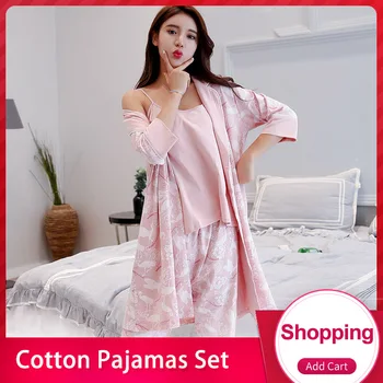 Medvilnės Pižama Rinkinys Moterims 3pcs/Print Sleepwear naktiniai drabužiai Ponios Pijama Kostiumas Skraiste+Top+Kelnės Homewear Pižamos Femme