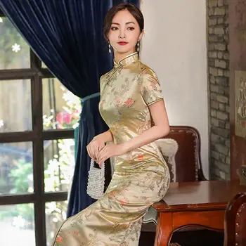 Prašmatnus, Rafinuotas Disko Sagtys Kinų Stiliaus Aukšto Padalinta Cheongsam Moterų Drabužiai Elegantiškas Qipao Spausdinti Cheongsam