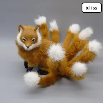 naujas realus gyvenimas geltona fox modelis, plastinė ir kailių modeliavimas squating devynių uodegų lapė lėlės dovana, apie 30x18cm xf2308