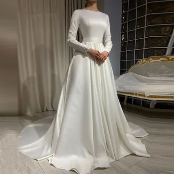 Balta Ilgomis Rankovėmis, Satino Užsakymą Moteris Elegantiškas Vestuvių Suknelės 2022 Musulmonų Vestuvinės Suknelės Vestidos De Novia Gelinlik 2021