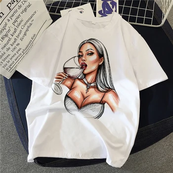 Glamūriniai mergina atspausdinta marškinėliai moterims 90-ųjų Grafinis T-shirt Harajuku Viršūnes Tee Mielas Trumpas Rankovės gyvūnų marškinėlius Moterų Tshirts
