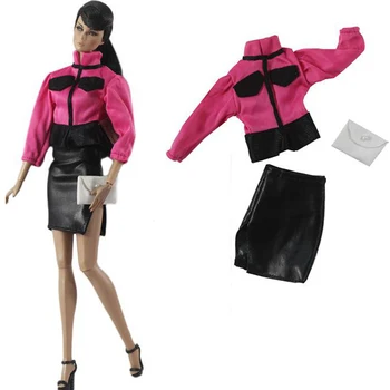 NK 3 Straipsniai/Set Lėlės Aprangą Mados Long Sleeve Pink Marškiniai + Juodas Sijonas+Baltas rankinukas Barbie Lėlės Priedai 340B 4X