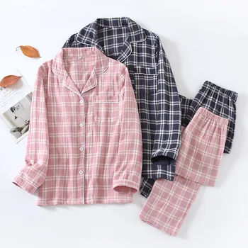 Japonijos naujuoju stiliumi pavasarį ir rudenį pora 100% medvilnės pižama moterų paprastas pledas vyrai yra didelė laisvalaikio namuose paslaugų kostiumas