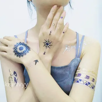 Laikinai aukso, sidabro tatuiruotės lipdukai mėlyna mandala tatuiruotės body art 