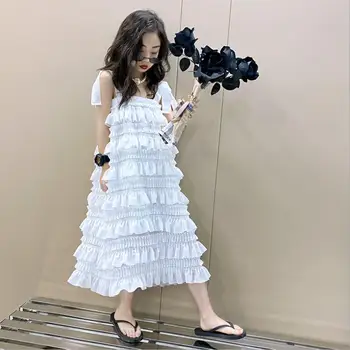 Mergina Sluoksnių Suknelė 2021 m. vasarą naujas berankovis suknelė vaikų diržas ilga suknelė vaikai atostogų suknelė paauglių drabužių wz129