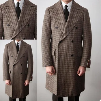 Britų Stiliaus Vyrų Kostiumai Houndstooth Pritaikyti Rudos Vilnos Kailis Dvigubo Breasted Tuxedos Pasiekė Atvartas Švarkas Verslo Ilgas Paltas