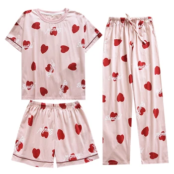 Moterų Laisvalaikio Pižama, Print T-Marškinėliai + Šortai + Kelnės 3 Dalių Komplektas Patogus Medvilnės Vasaros Pajama Namų Drabužių Lounge Sleepwear